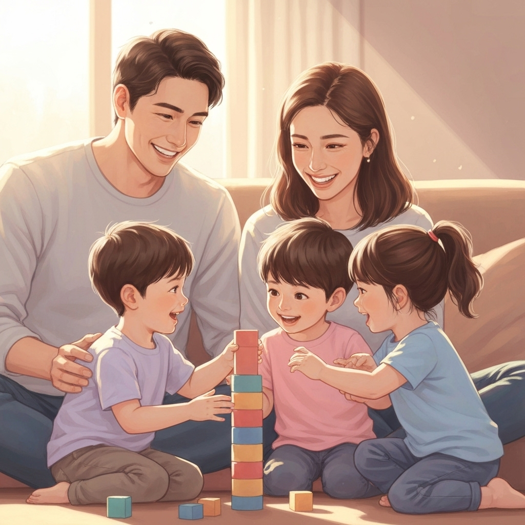 Família cristã feliz com crianças brincando juntas
